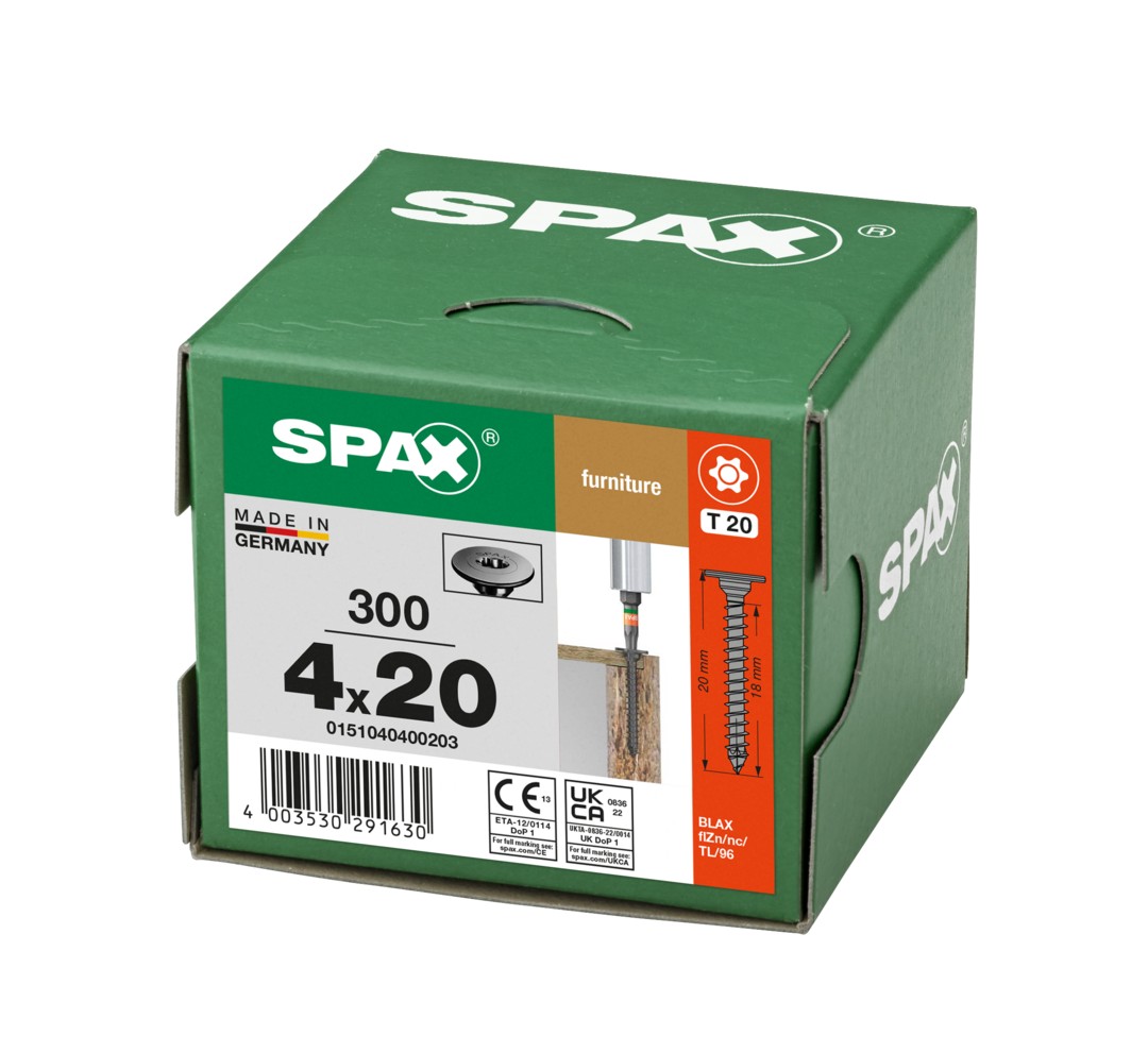 Cabezal plano SPAX para paneles traseros, 4,0 x 20 mm, 300 piezas, totalmente roscado, cabezal para paneles traseros, T-STAR plus, 4CUT, WIROX