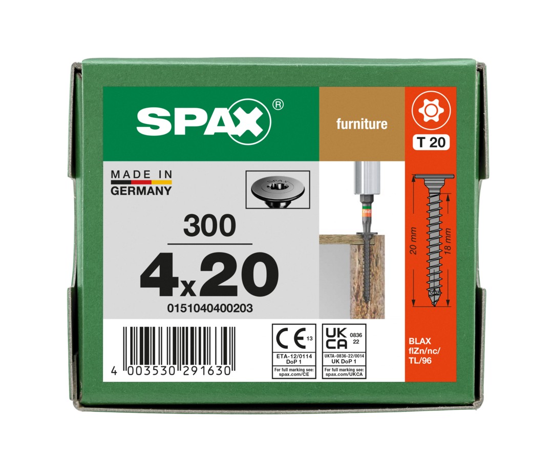 Cabezal plano SPAX para paneles traseros, 4,0 x 20 mm, 300 piezas, totalmente roscado, cabezal para paneles traseros, T-STAR plus, 4CUT, WIROX
