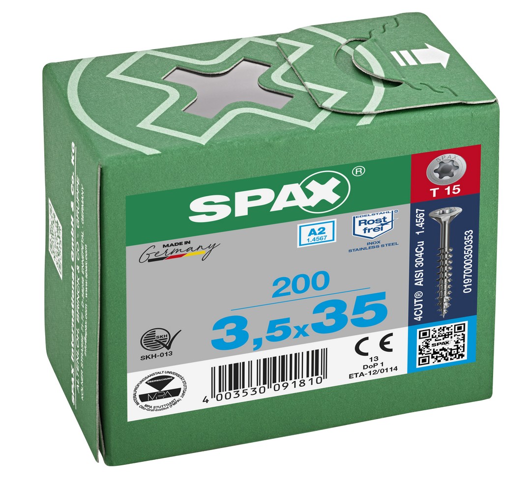 SPAX Tornillo de acero inoxidable, 3,5 x 35 mm, 200 unidades, Rosca parcial, Cabeza plana, T-STAR plus T15, 4CUT, Acero inoxidable A2