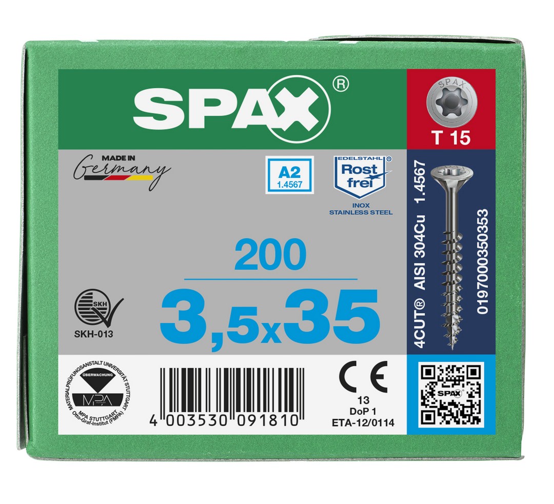 SPAX Tornillo de acero inoxidable, 3,5 x 35 mm, 200 unidades, Rosca parcial, Cabeza plana, T-STAR plus T15, 4CUT, Acero inoxidable A2