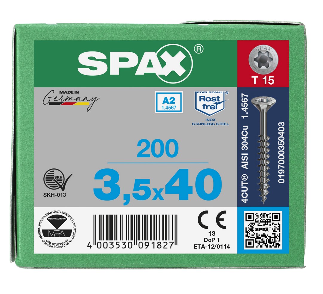 SPAX Tornillo de acero inoxidable, 3,5 x 40 mm, 200 unidades, Rosca parcial, Cabeza plana, T-STAR plus T15, 4CUT, Acero inoxidable A2