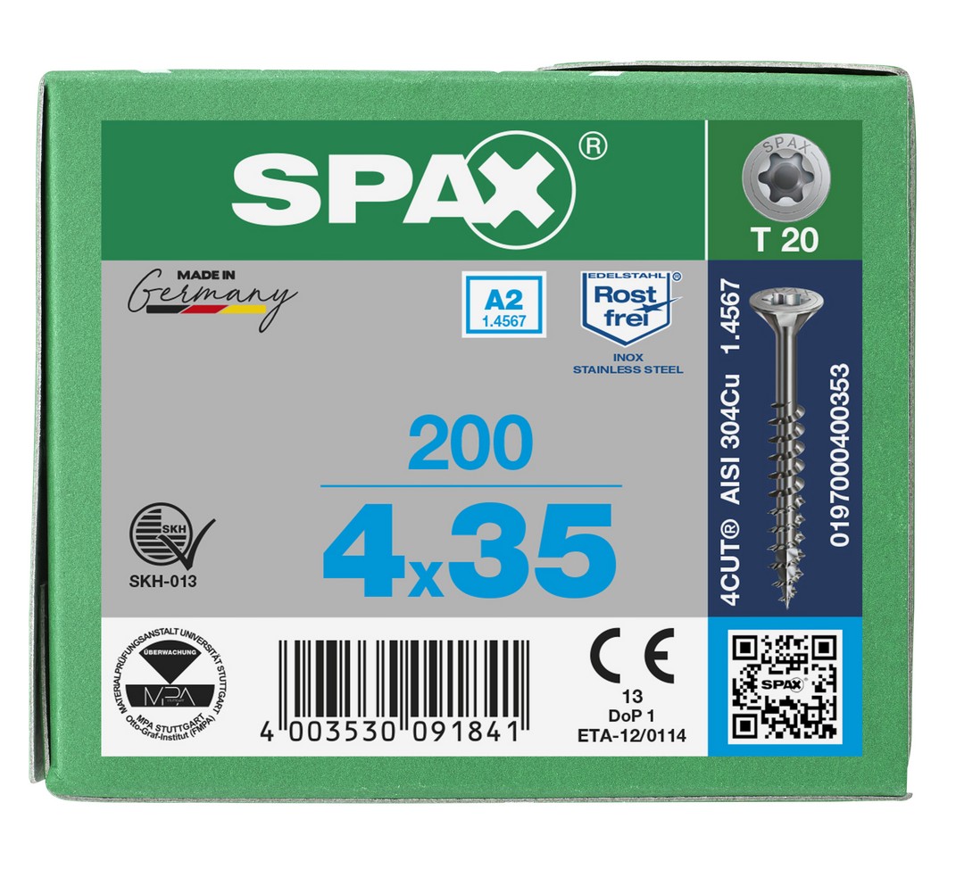 SPAX Tornillo de acero inoxidable, 4 x 35 mm, 200 unidades, Rosca parcial, Cabeza plana, T-STAR plus T20, 4CUT, Acero inoxidable A2