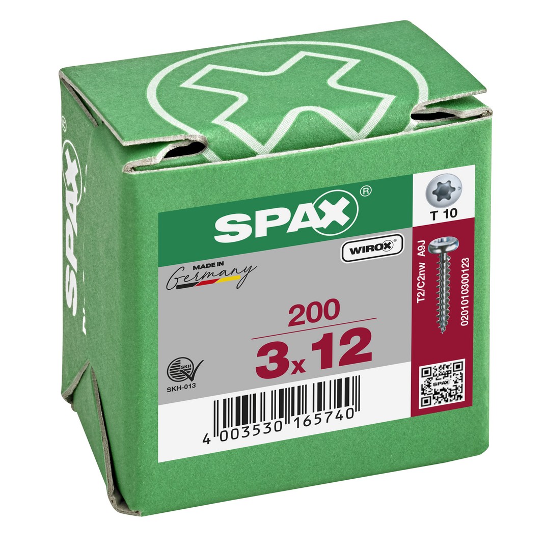 SPAX Tornillo universal, 3 x 12 mm, 200 unidades, Rosca completa, Cabeza redonda, T-STAR plus T10, Punta S, WIROX