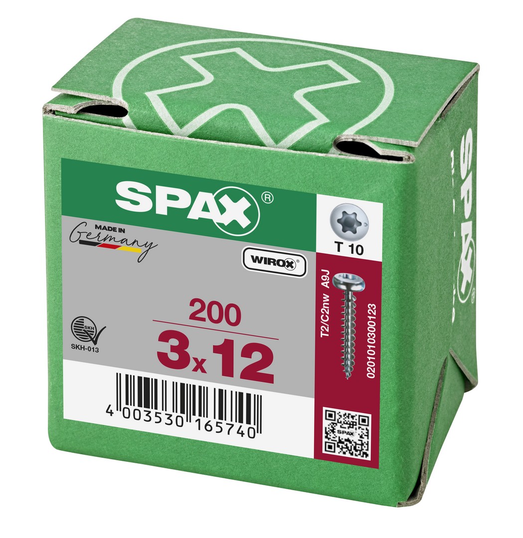 SPAX Tornillo universal, 3 x 12 mm, 200 unidades, Rosca completa, Cabeza redonda, T-STAR plus T10, Punta S, WIROX