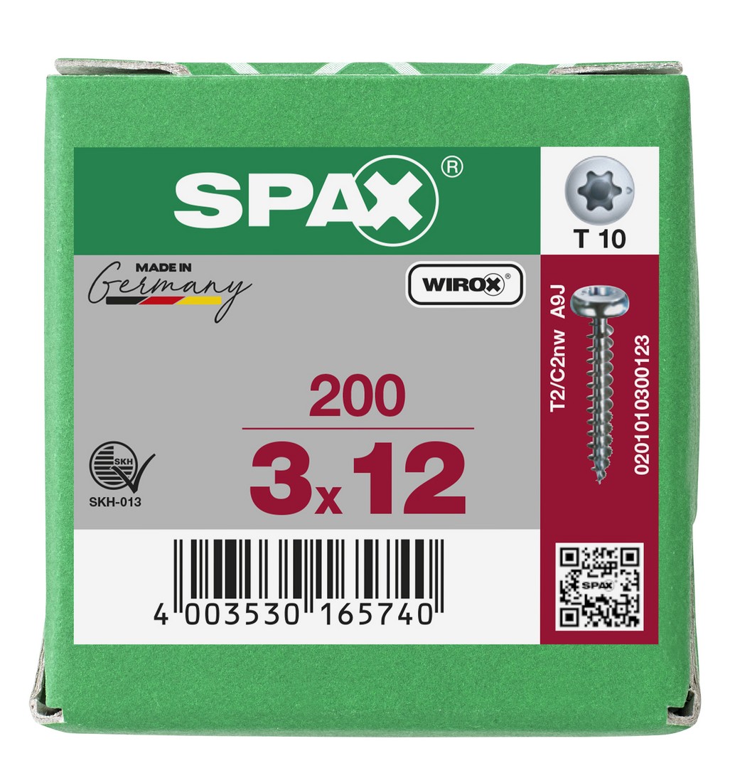 SPAX Tornillo universal, 3 x 12 mm, 200 unidades, Rosca completa, Cabeza redonda, T-STAR plus T10, Punta S, WIROX