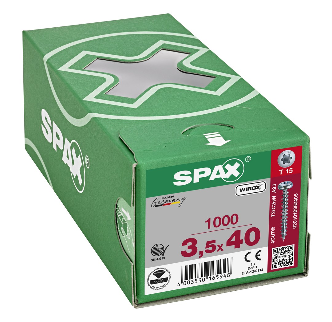 SPAX Tornillo universal, 3,5 x 40 mm, 1000 unidades, Rosca completa, Cabeza redonda, T-STAR plus T15, 4CUT, WIROX