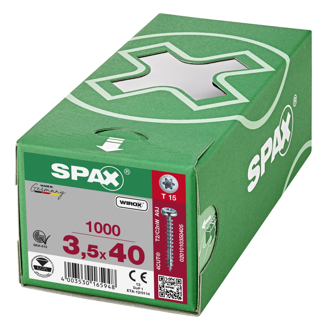 SPAX Tornillo universal, 3,5 x 40 mm, 1000 unidades, Rosca completa, Cabeza redonda, T-STAR plus T15, 4CUT, WIROX