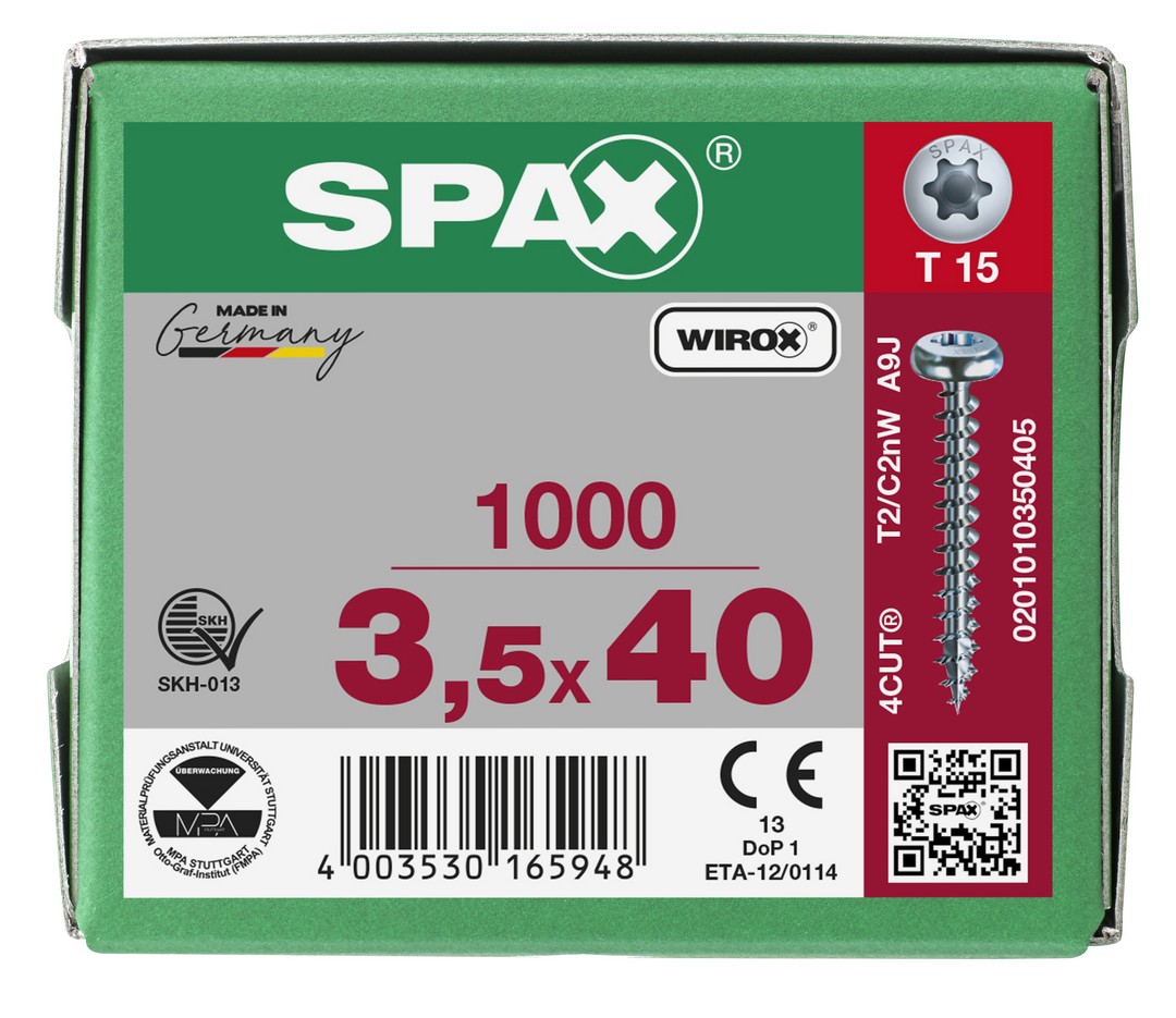 SPAX Tornillo universal, 3,5 x 40 mm, 1000 unidades, Rosca completa, Cabeza redonda, T-STAR plus T15, 4CUT, WIROX