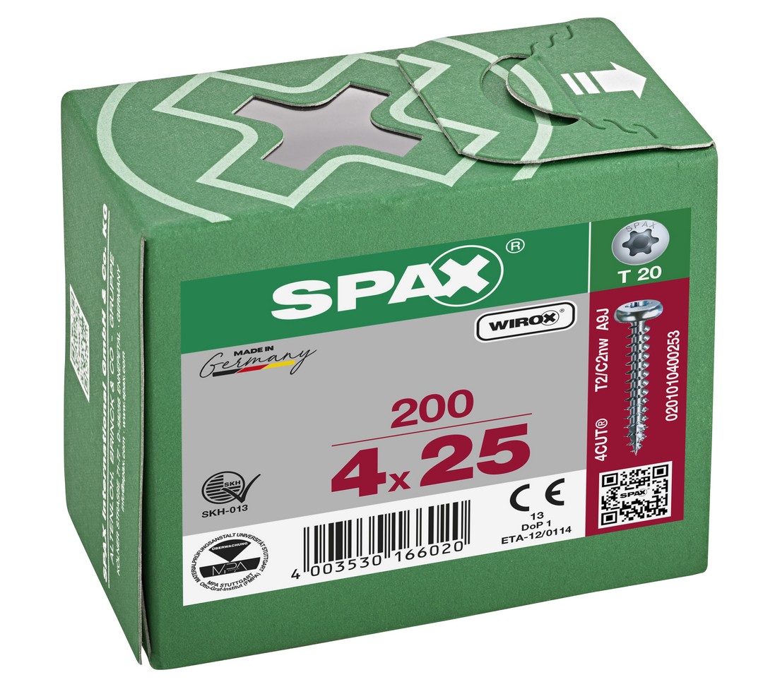 SPAX Tornillo universal, 4 x 25 mm, 200 unidades, Rosca completa, Cabeza redonda, T-STAR plus T20, 4CUT, WIROX