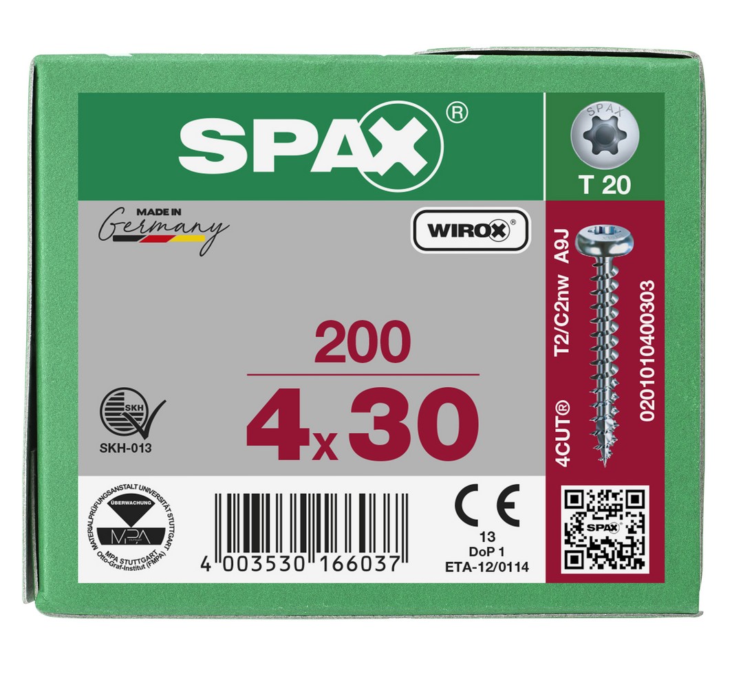 SPAX Tornillo universal, 4 x 30 mm, 200 unidades, Rosca completa, Cabeza redonda, T-STAR plus T20, 4CUT, WIROX