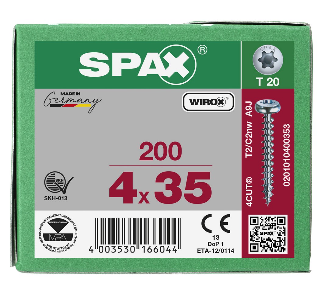 SPAX Tornillo universal, 4 x 35 mm, 200 unidades, Rosca completa, Cabeza redonda, T-STAR plus T20, 4CUT, WIROX