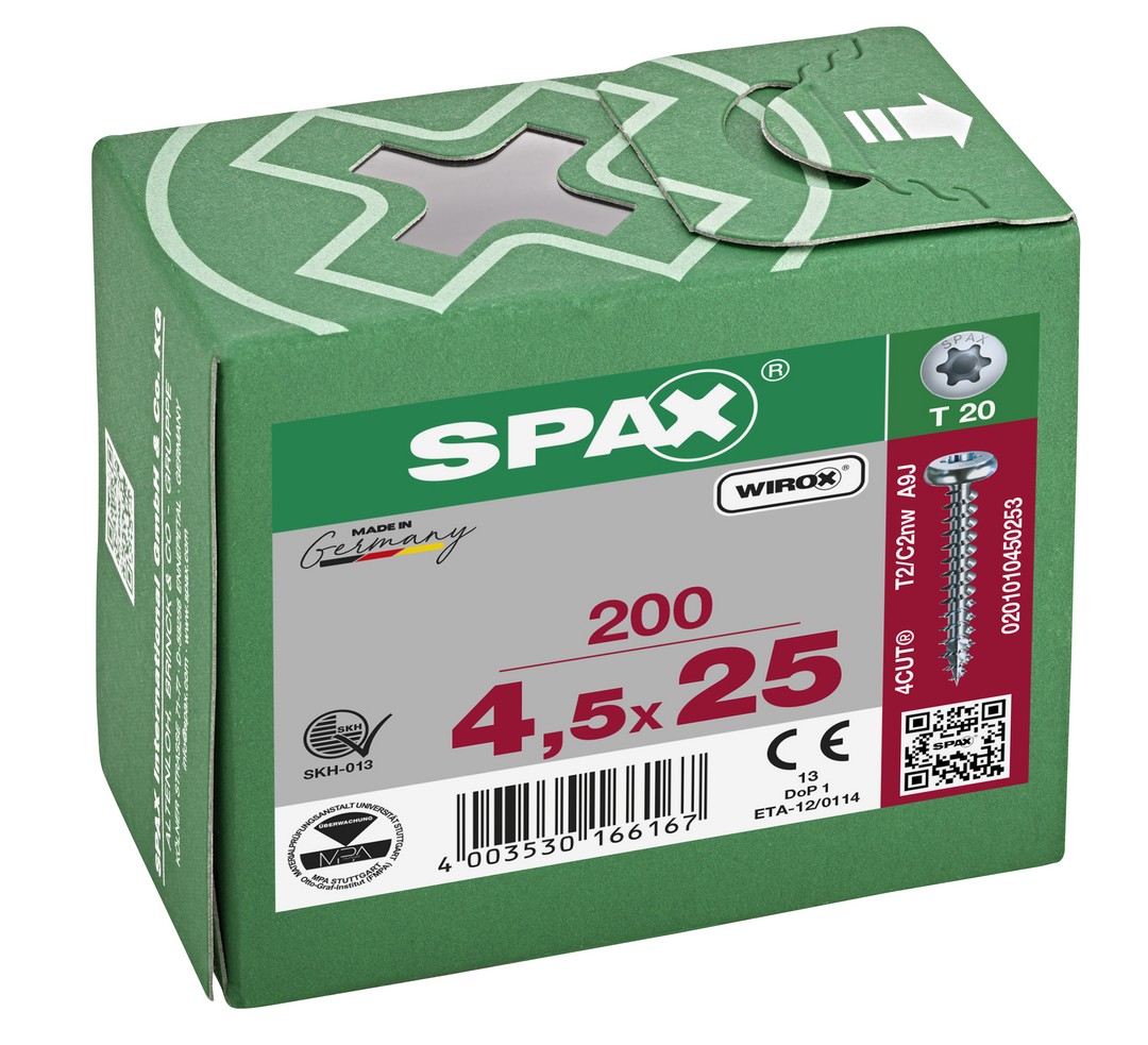 SPAX Tornillo universal, 4,5 x 25 mm, 200 unidades, Rosca completa, Cabeza redonda, T-STAR plus T20, 4CUT, WIROX