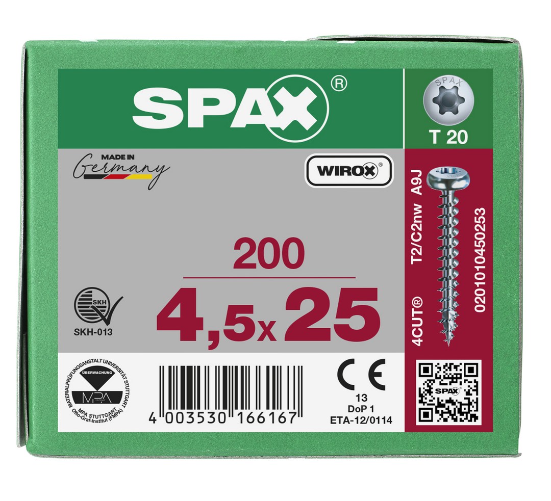 SPAX Tornillo universal, 4,5 x 25 mm, 200 unidades, Rosca completa, Cabeza redonda, T-STAR plus T20, 4CUT, WIROX