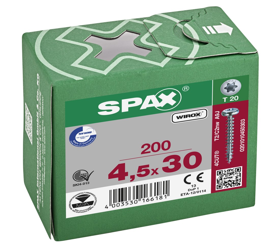SPAX Tornillo universal, 4,5 x 30 mm, 200 unidades, Rosca completa, Cabeza redonda, T-STAR plus T20, 4CUT, WIROX