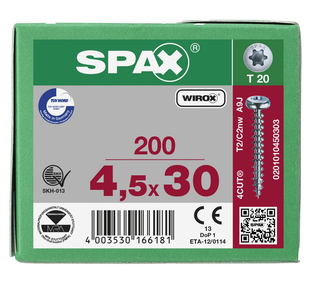 SPAX Tornillo universal, 4,5 x 30 mm, 200 unidades, Rosca completa, Cabeza redonda, T-STAR plus T20, 4CUT, WIROX