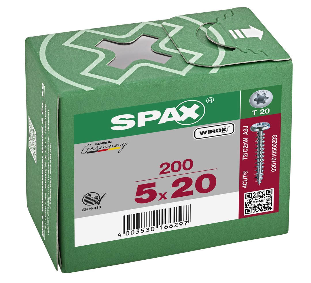 SPAX Tornillo universal, 5 x 20 mm, 200 unidades, Rosca completa, Cabeza redonda, T-STAR plus T20, 4CUT, WIROX