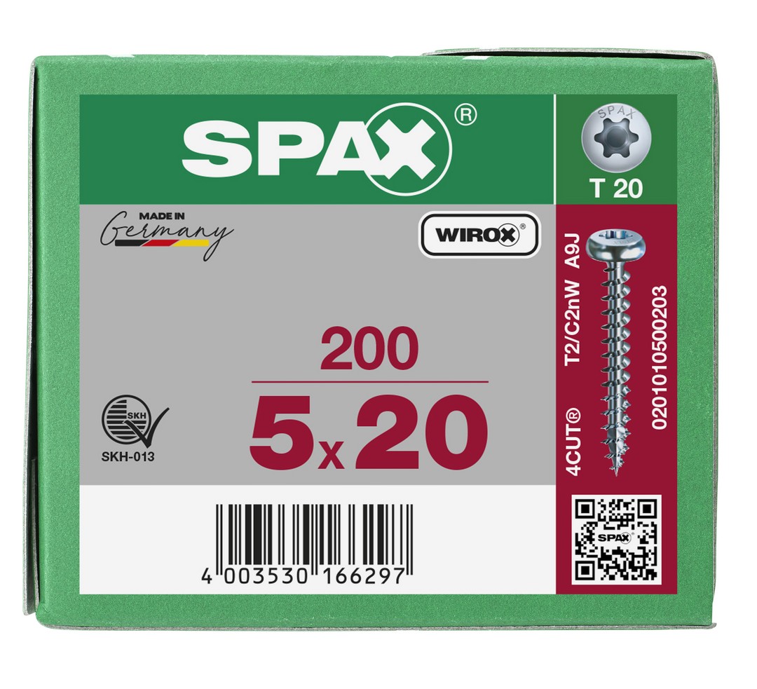SPAX Tornillo universal, 5 x 20 mm, 200 unidades, Rosca completa, Cabeza redonda, T-STAR plus T20, 4CUT, WIROX