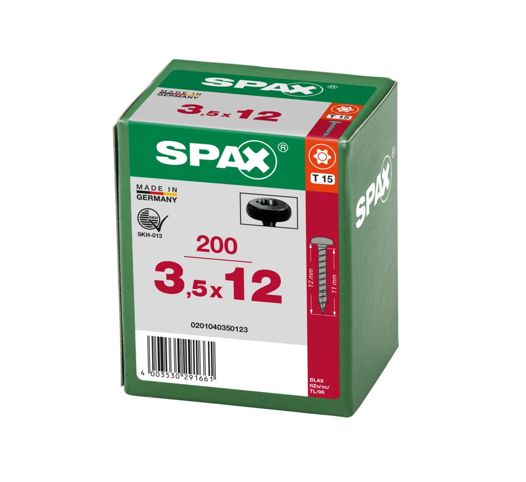 SPAX Tornillo universal, 3,5 x 12, Rosca completa, Cabeza redonda, T-STAR plus, 4CUT, BLAX, 200 piezas