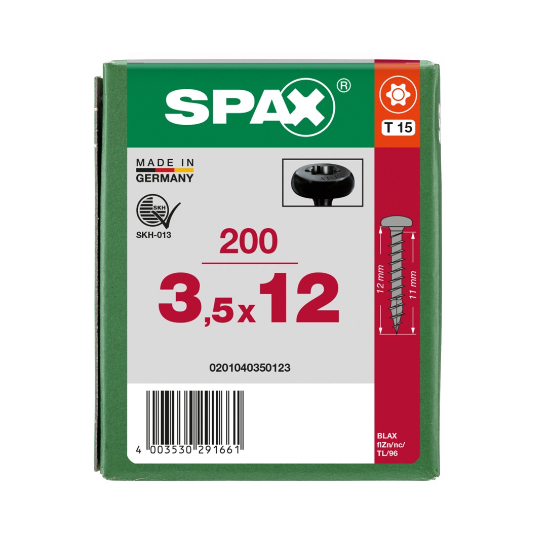 SPAX Tornillo universal, 3,5 x 12, Rosca completa, Cabeza redonda, T-STAR plus, 4CUT, BLAX, 200 piezas