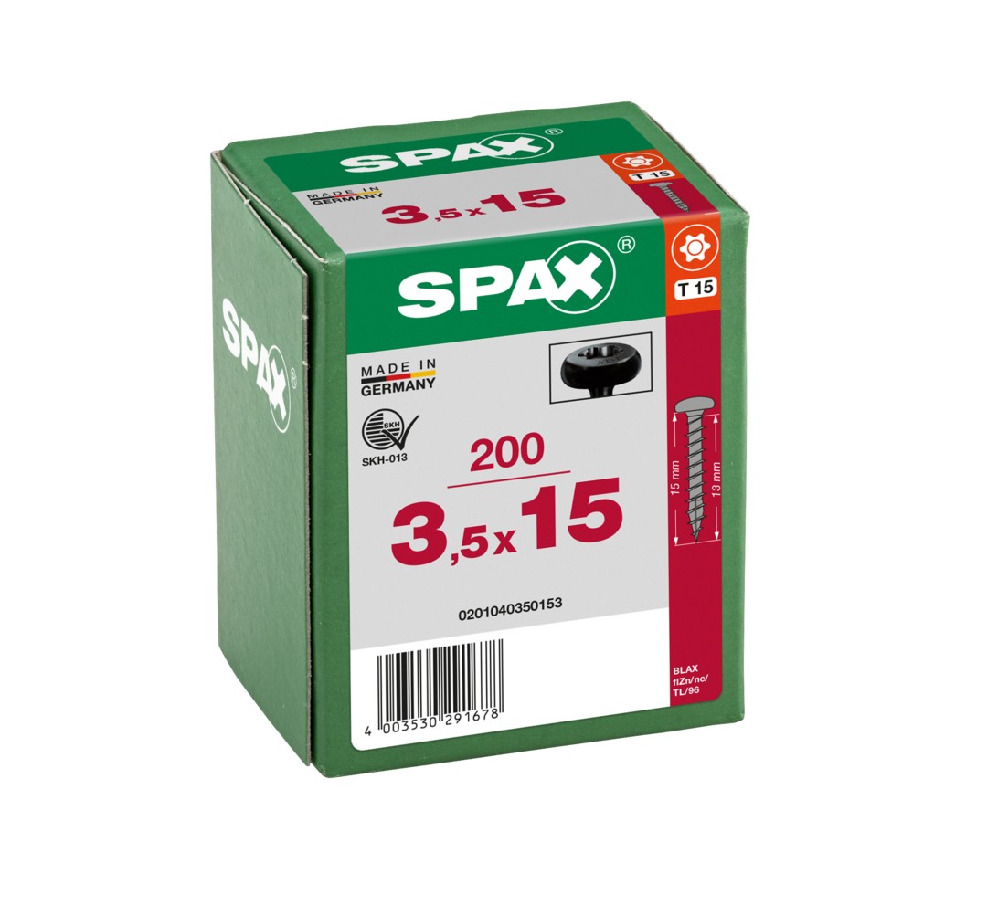 SPAX Tornillo universal, 3,5 x 15, Rosca completa, Cabeza redonda, T-STAR plus, 4CUT, BLAX, 200 piezas
