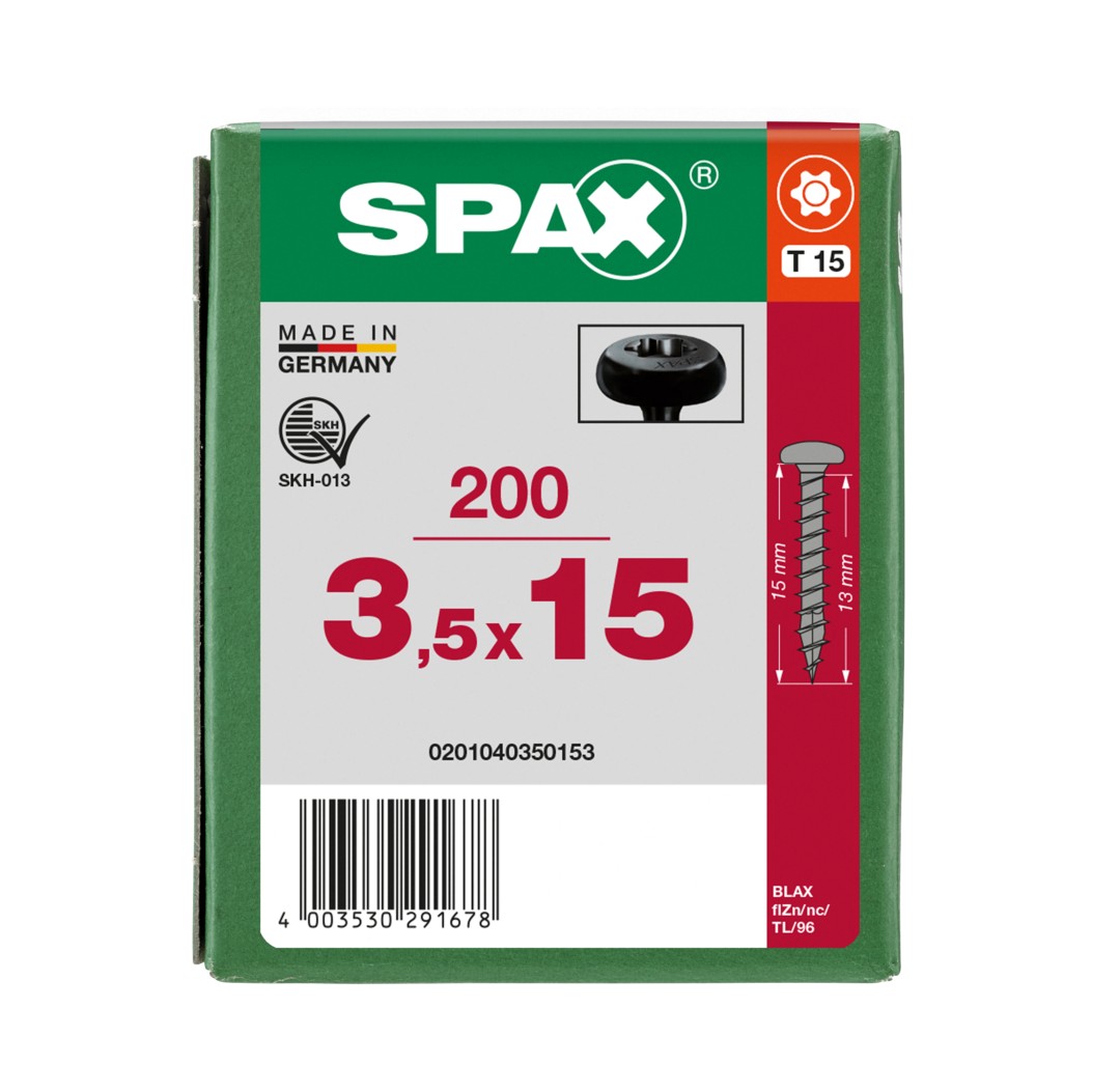 SPAX Tornillo universal, 3,5 x 15, Rosca completa, Cabeza redonda, T-STAR plus, 4CUT, BLAX, 200 piezas