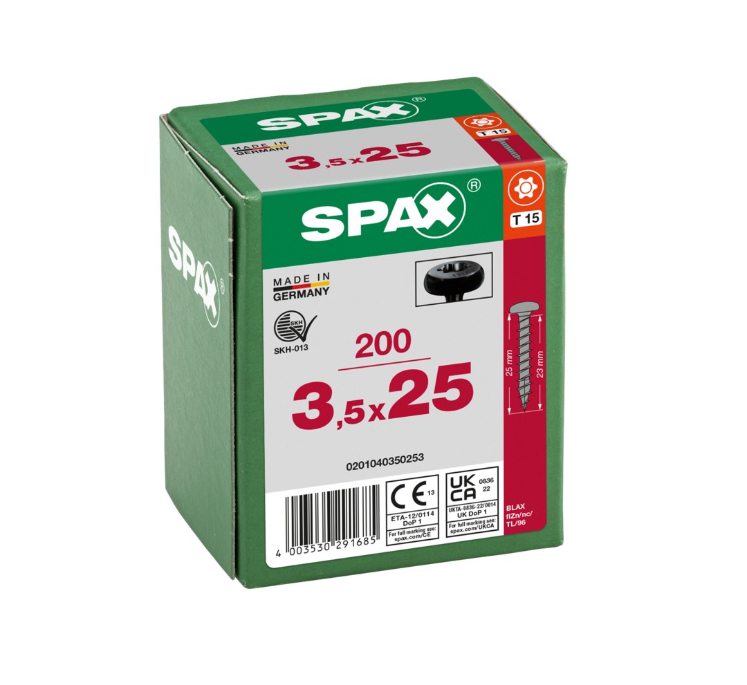SPAX Tornillo universal, 3,5 x 25, Rosca completa, Cabeza redonda, T-STAR plus, 4CUT, BLAX, 200 piezas