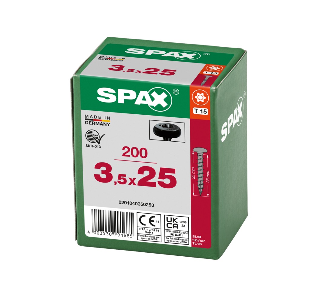 SPAX Tornillo universal, 3,5 x 25, Rosca completa, Cabeza redonda, T-STAR plus, 4CUT, BLAX, 200 piezas