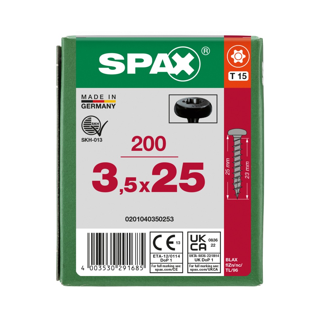 SPAX Tornillo universal, 3,5 x 25, Rosca completa, Cabeza redonda, T-STAR plus, 4CUT, BLAX, 200 piezas