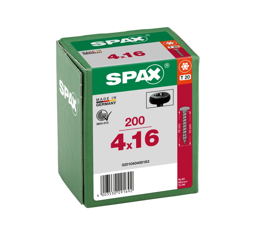 SPAX Tornillo universal, 4,0 x 16, Rosca completa, Cabeza redonda, T-STAR plus, 4CUT, BLAX, 200 piezas