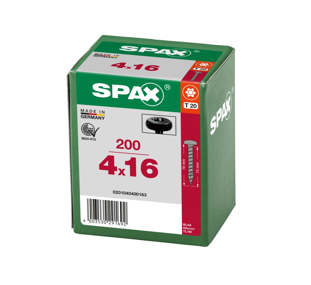 SPAX Tornillo universal, 4,0 x 16, Rosca completa, Cabeza redonda, T-STAR plus, 4CUT, BLAX, 200 piezas
