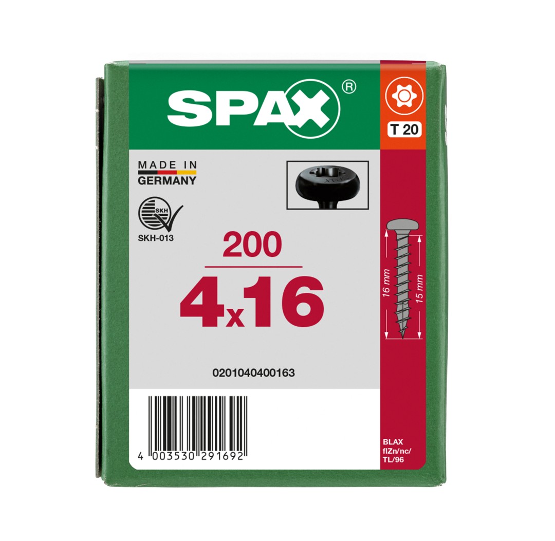 SPAX Tornillo universal, 4,0 x 16, Rosca completa, Cabeza redonda, T-STAR plus, 4CUT, BLAX, 200 piezas