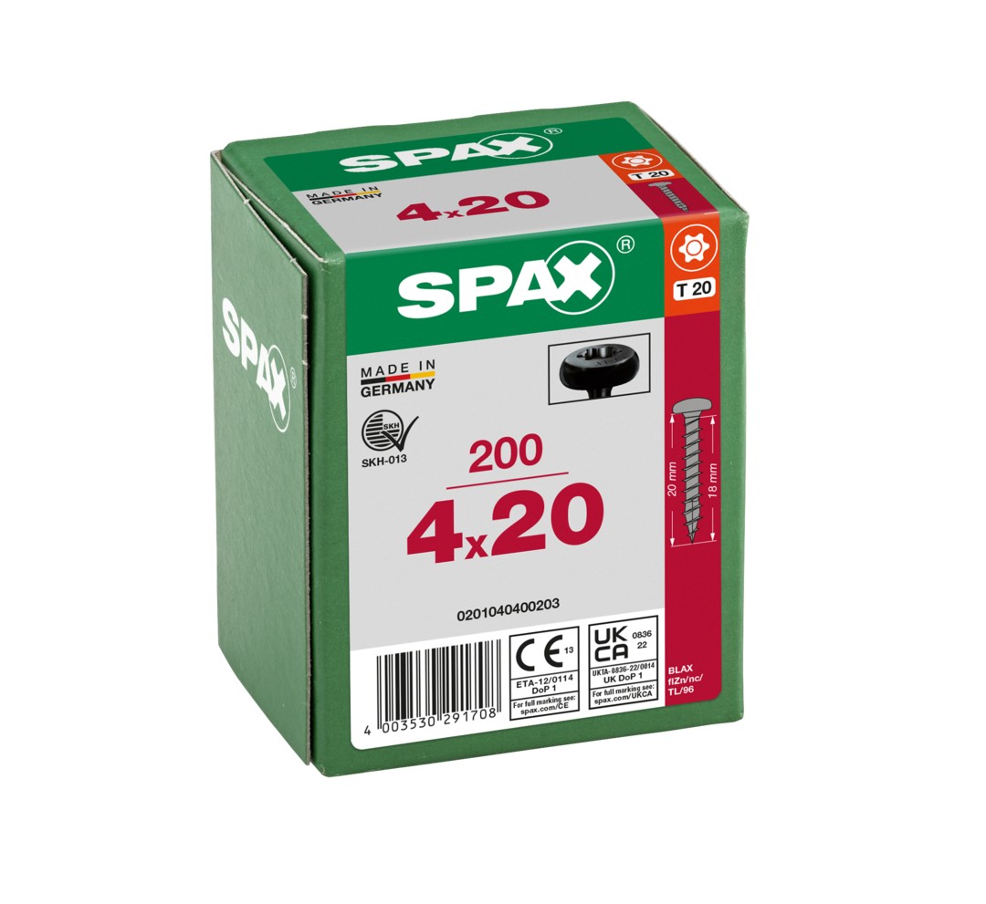 SPAX Tornillo universal, 4,0 x 20, Rosca completa, Cabeza redonda, T-STAR plus, 4CUT, BLAX, 200 piezas