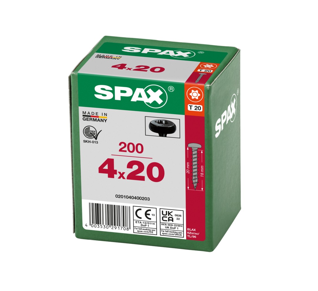 SPAX Tornillo universal, 4,0 x 20, Rosca completa, Cabeza redonda, T-STAR plus, 4CUT, BLAX, 200 piezas