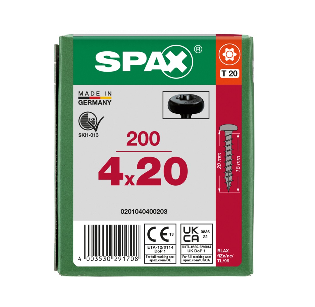 SPAX Tornillo universal, 4,0 x 20, Rosca completa, Cabeza redonda, T-STAR plus, 4CUT, BLAX, 200 piezas