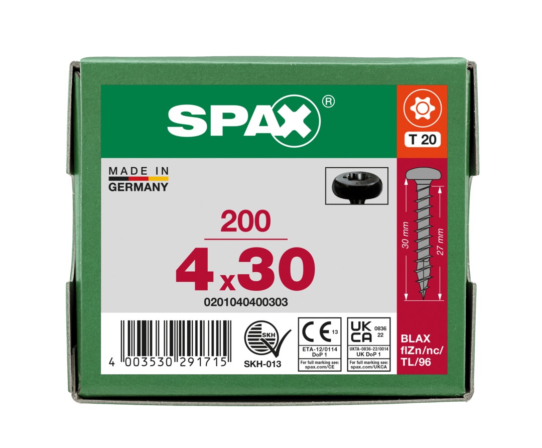 SPAX Tornillo universal,  4,0 x 30, Rosca completa, Cabeza redonda, T-STAR plus, 4CUT, BLAX, 200 piezas