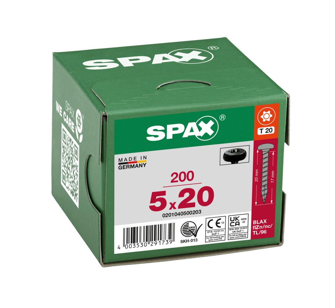 SPAX Tornillo universal, 5,0 x 20, Rosca completa, Cabeza redonda, T-STAR plus, 4CUT, BLAX, 200 piezas