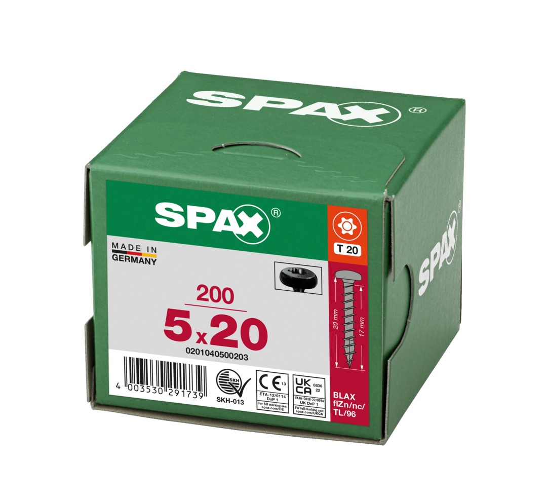 SPAX Tornillo universal, 5,0 x 20, Rosca completa, Cabeza redonda, T-STAR plus, 4CUT, BLAX, 200 piezas