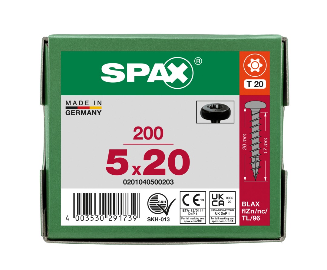 SPAX Tornillo universal, 5,0 x 20, Rosca completa, Cabeza redonda, T-STAR plus, 4CUT, BLAX, 200 piezas