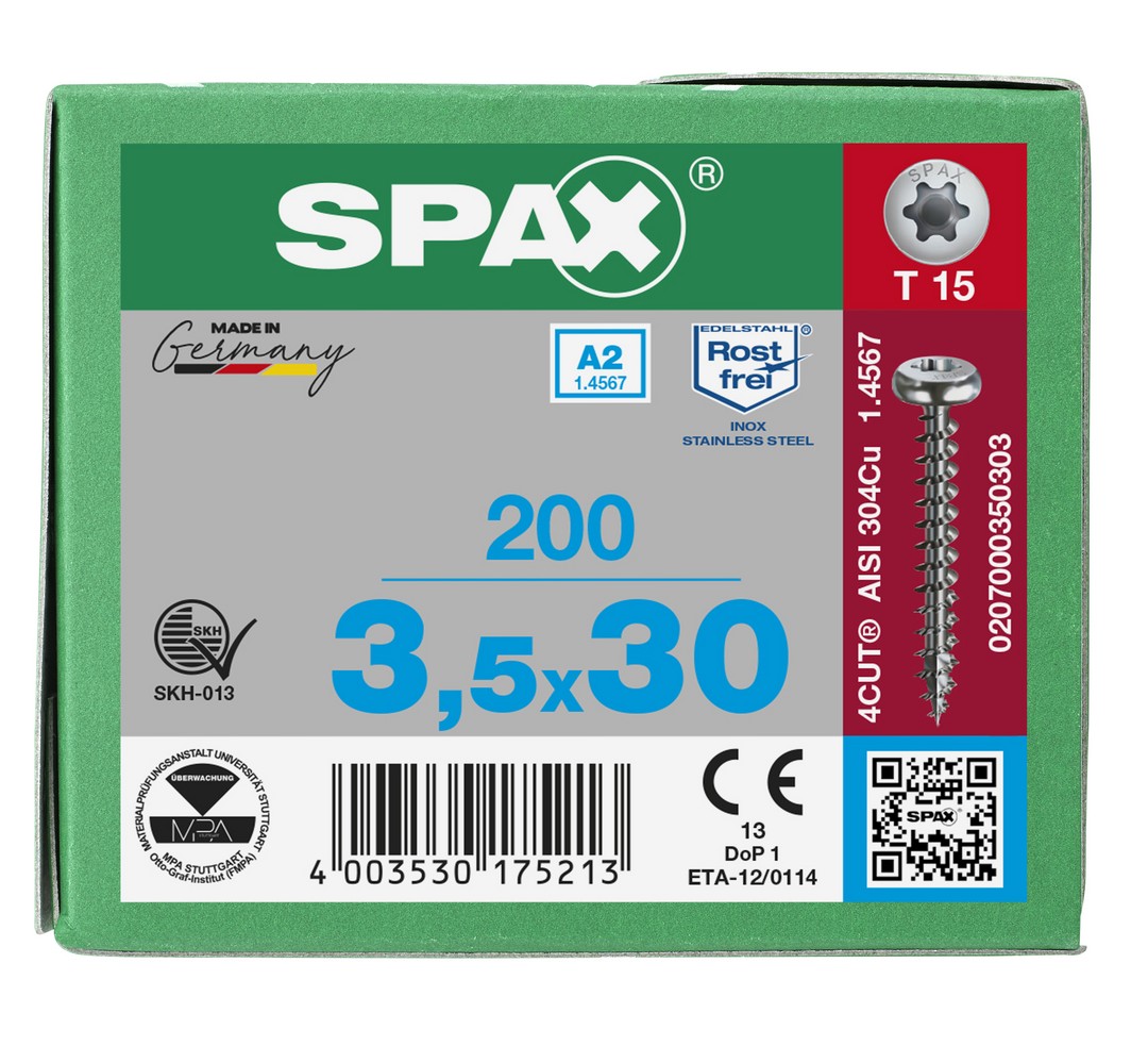 SPAX Tornillo de acero inoxidable, 3,5 x 30 mm, 200 unidades, Rosca completa, Cabeza redonda, T-STAR plus T15, 4CUT, Acero inoxidable A2