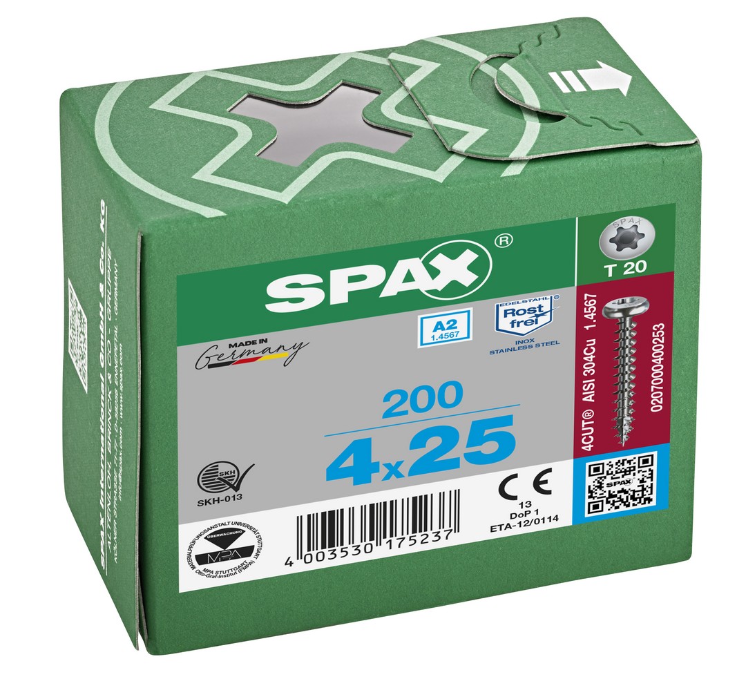 SPAX Tornillo de acero inoxidable, 4 x 25 mm, 200 unidades, Rosca completa, Cabeza redonda, T-STAR plus T20, 4CUT, Acero inoxidable A2