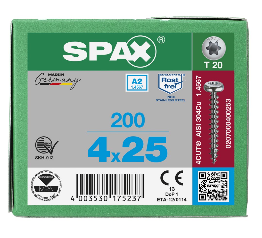 SPAX Tornillo de acero inoxidable, 4 x 25 mm, 200 unidades, Rosca completa, Cabeza redonda, T-STAR plus T20, 4CUT, Acero inoxidable A2