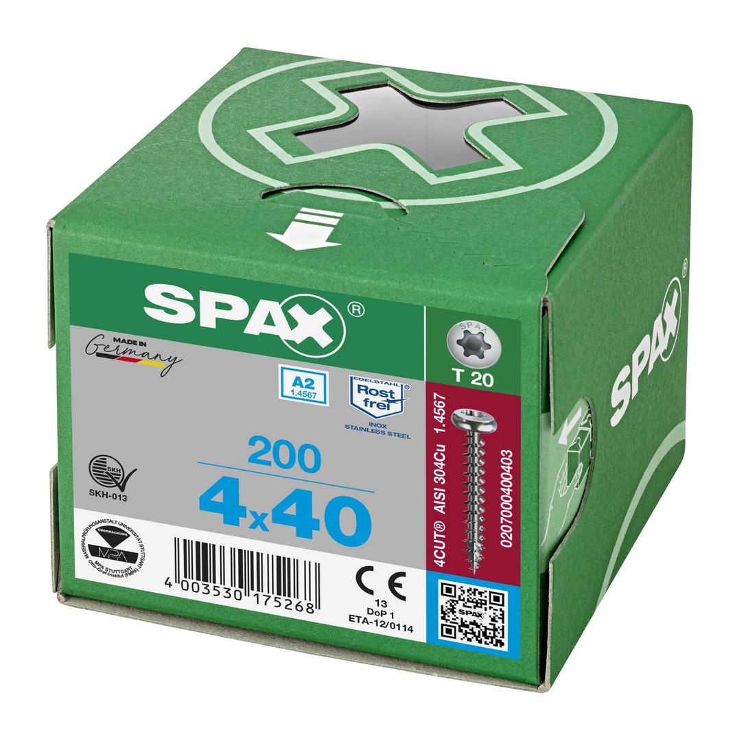SPAX Tornillo de acero inoxidable, 4 x 40 mm, 200 unidades, Rosca completa, Cabeza redonda, T-STAR plus T20, 4CUT, Acero inoxidable A2