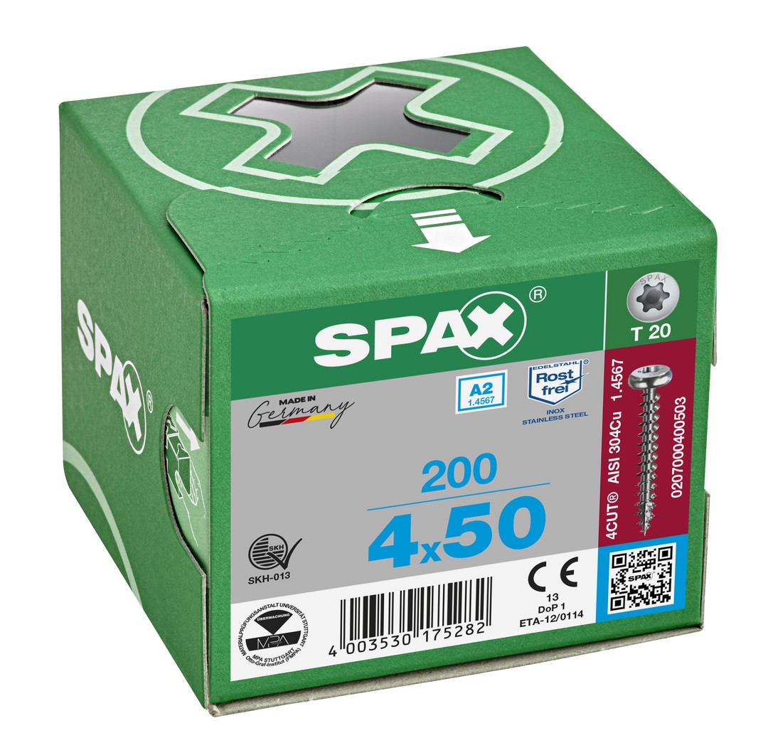 SPAX Tornillo de acero inoxidable, 4 x 50 mm, 200 unidades, Rosca completa, Cabeza redonda, T-STAR plus T20, 4CUT, Acero inoxidable A2