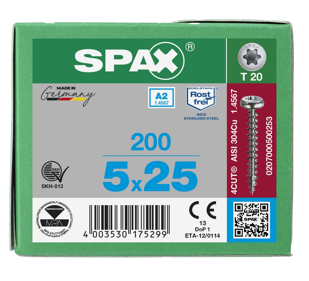 SPAX Tornillo de acero inoxidable, 5 x 25 mm, 200 unidades, Rosca completa, Cabeza redonda, T-STAR plus T20, 4CUT, Acero inoxidable A2