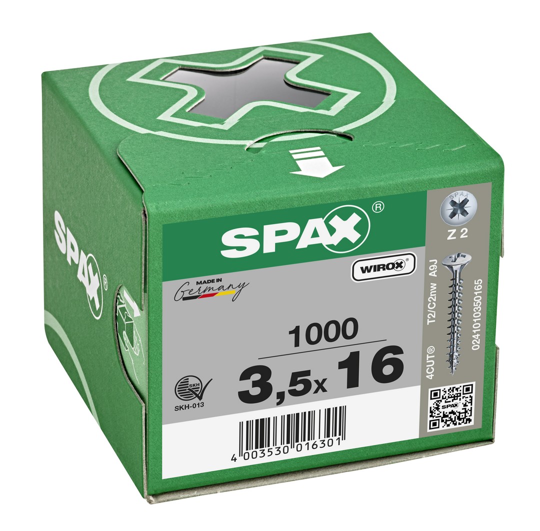 SPAX Tornillo universal, 3,5 x 16 mm, 1000 unidades, Rosca completa, Cabeza gota de sebo, Ranura en cruz Z2, 4CUT, WIROX