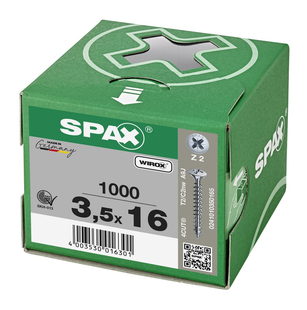 SPAX Tornillo universal, 3,5 x 16 mm, 1000 unidades, Rosca completa, Cabeza gota de sebo, Ranura en cruz Z2, 4CUT, WIROX