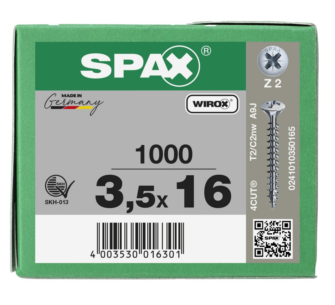 SPAX Tornillo universal, 3,5 x 16 mm, 1000 unidades, Rosca completa, Cabeza gota de sebo, Ranura en cruz Z2, 4CUT, WIROX