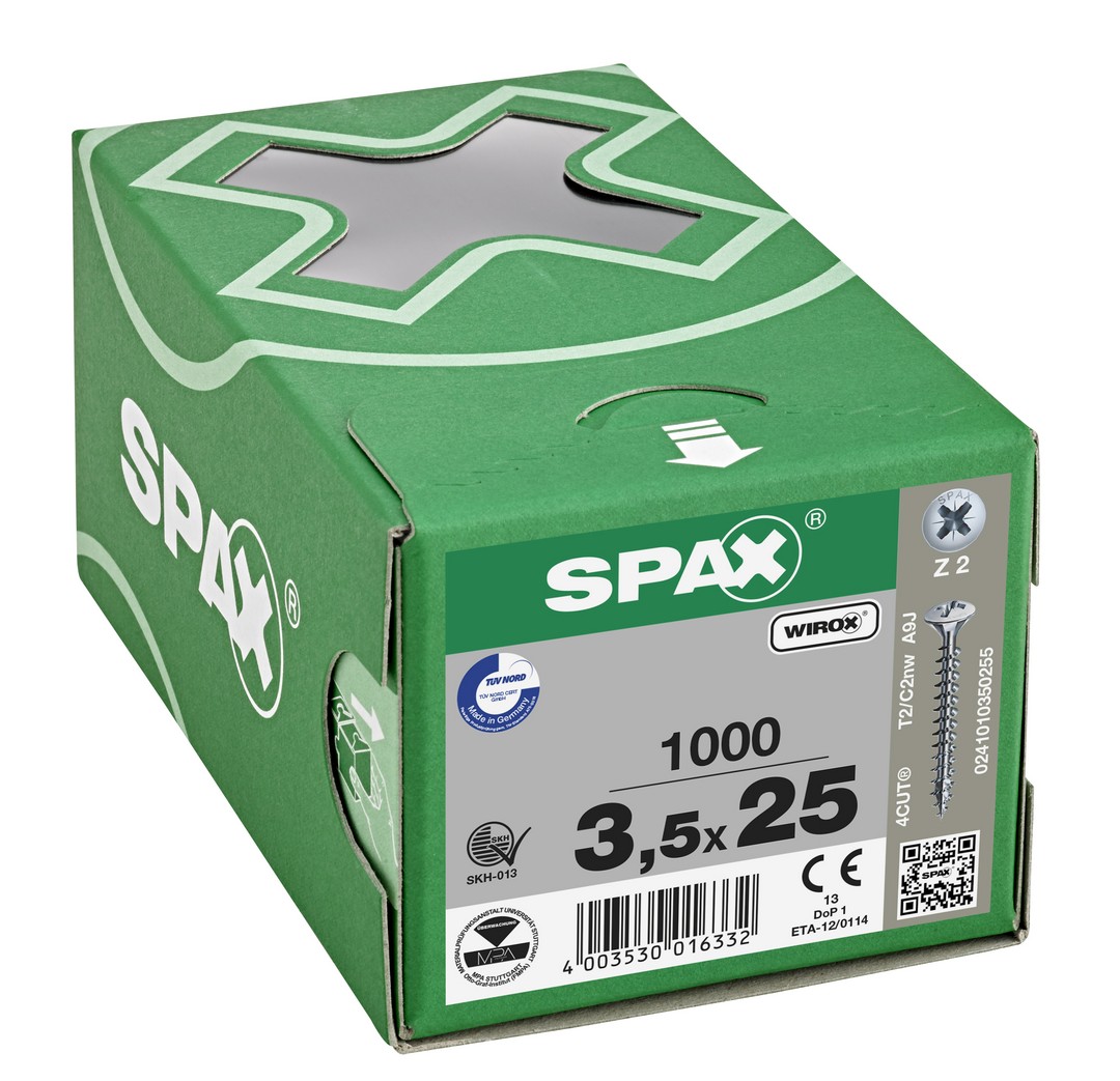 SPAX Tornillo universal, 3,5 x 25 mm, 1000 unidades, Rosca completa, Cabeza gota de sebo, Ranura en cruz Z2, 4CUT, WIROX