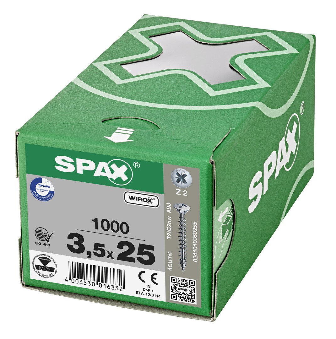 SPAX Tornillo universal, 3,5 x 25 mm, 1000 unidades, Rosca completa, Cabeza gota de sebo, Ranura en cruz Z2, 4CUT, WIROX