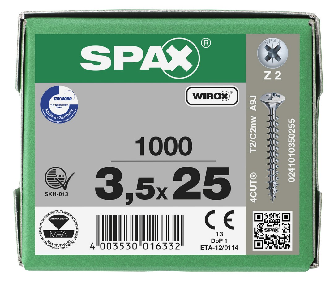 SPAX Tornillo universal, 3,5 x 25 mm, 1000 unidades, Rosca completa, Cabeza gota de sebo, Ranura en cruz Z2, 4CUT, WIROX